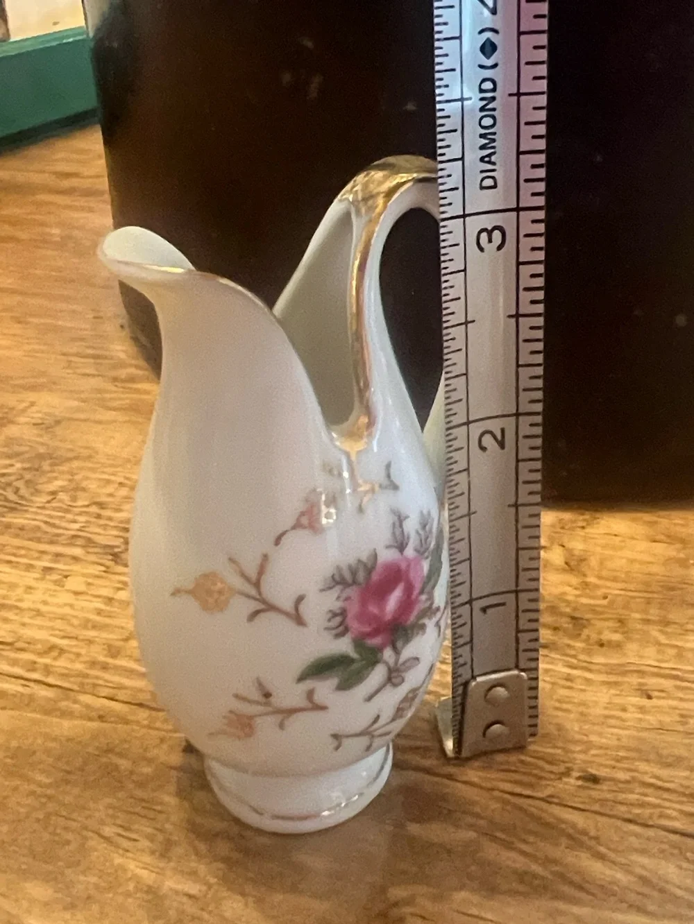 Vintage White Porcelain Mini Creamer with Pink Rose and Gold Trim